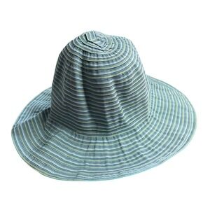 Banash Women's Blue Green Striped Wide Brim Sun Hat Packable Beach Boho